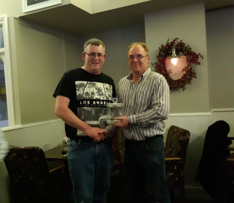 <span class="light">Shane</span> Kilcoyne, Mayo Motorsport Club Marshall of the Year receiving his award from Padraic Roche, Mayo Motorsport Club Chairman